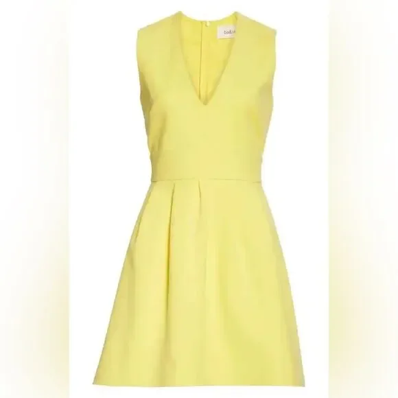 BA&SH Yellow V-Neck Wilson Fit Flare Pleated Cut-Out Back Dress Size 3 NWT - Picture 5 of 7